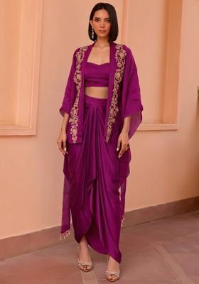 Purple Satin Embroidered Handwork Fusion Set