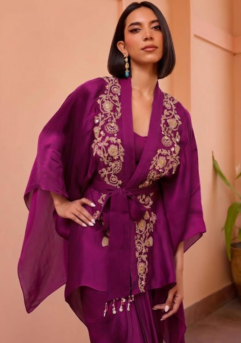 Purple Satin Embroidered Handwork Fusion Set - Indya