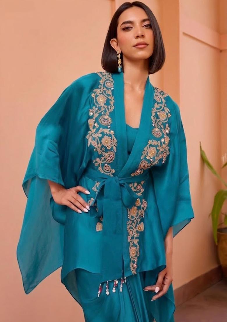 Teal Green Satin Embroidered Handwork Fusion Set - Indya
