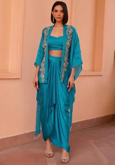 Teal Green Satin Embroidered Handwork Fusion Set