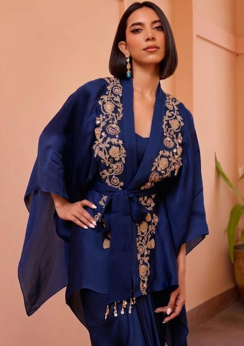 Navy Blue Satin Embroidered Handwork Fusion Set - Indya