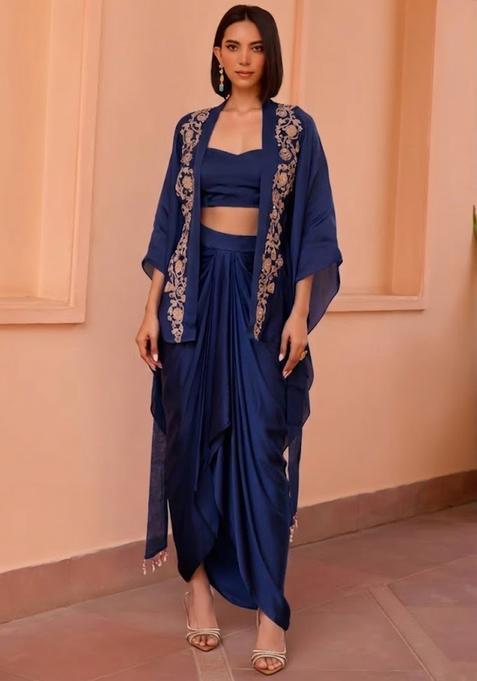 Navy Blue Satin Embroidered Handwork Fusion Set