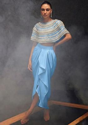 Sky Blue Satin Embellished Handwork Fusion Set
