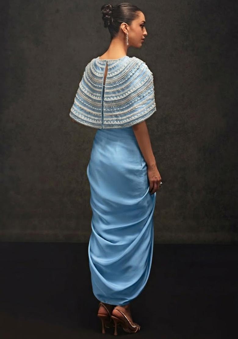 Sky Blue Satin Embellished Handwork Fusion Set - Indya