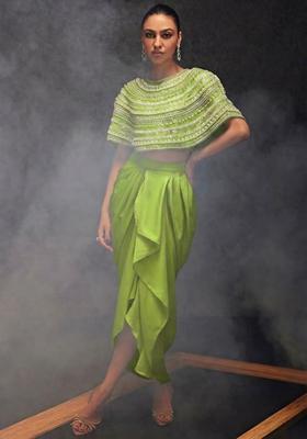 Leaf Green Satin Embellished Handwork Fusion Set