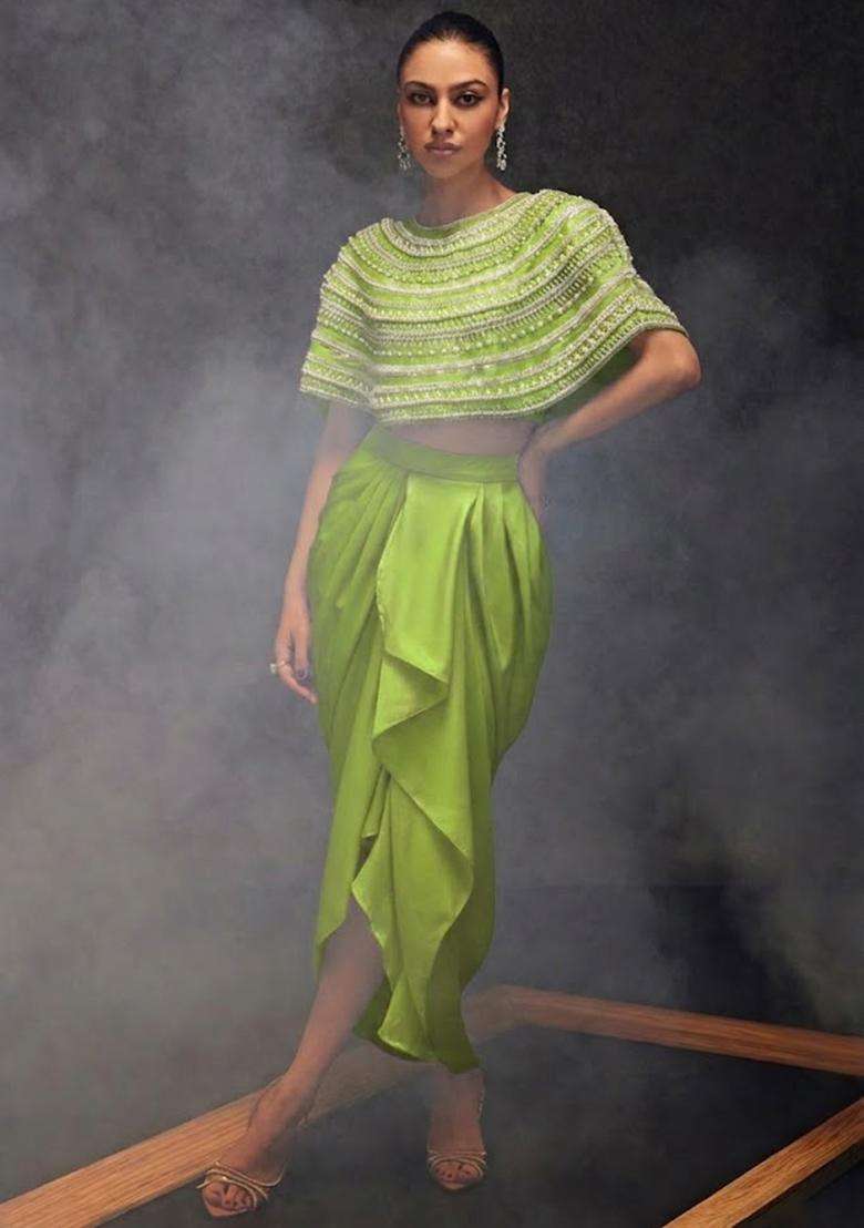 Leaf Green Satin Embellished Handwork Fusion Set - Indya