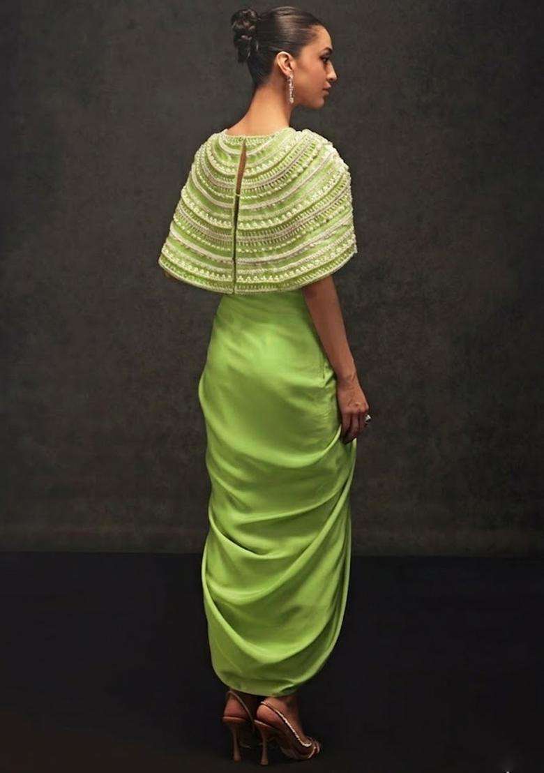 Leaf Green Satin Embellished Handwork Fusion Set - Indya