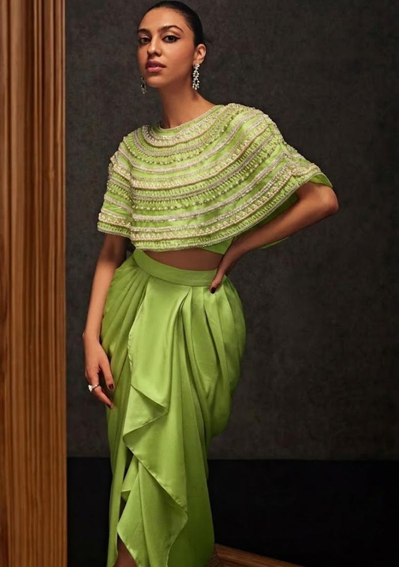 Leaf Green Satin Embellished Handwork Fusion Set - Indya
