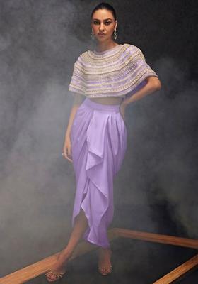 Lavender Satin Embellished Handwork Fusion Set