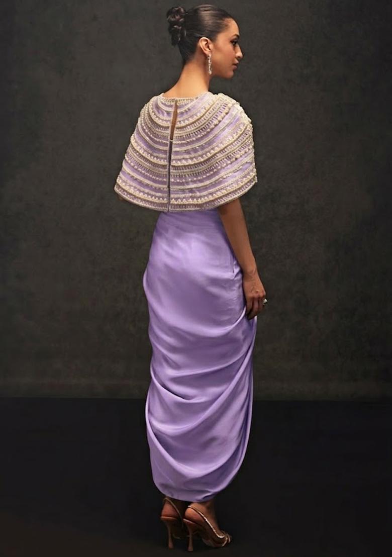 Lavender Satin Embellished Handwork Fusion Set - Indya