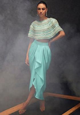 Mint Green Satin Embellished Handwork Fusion Set