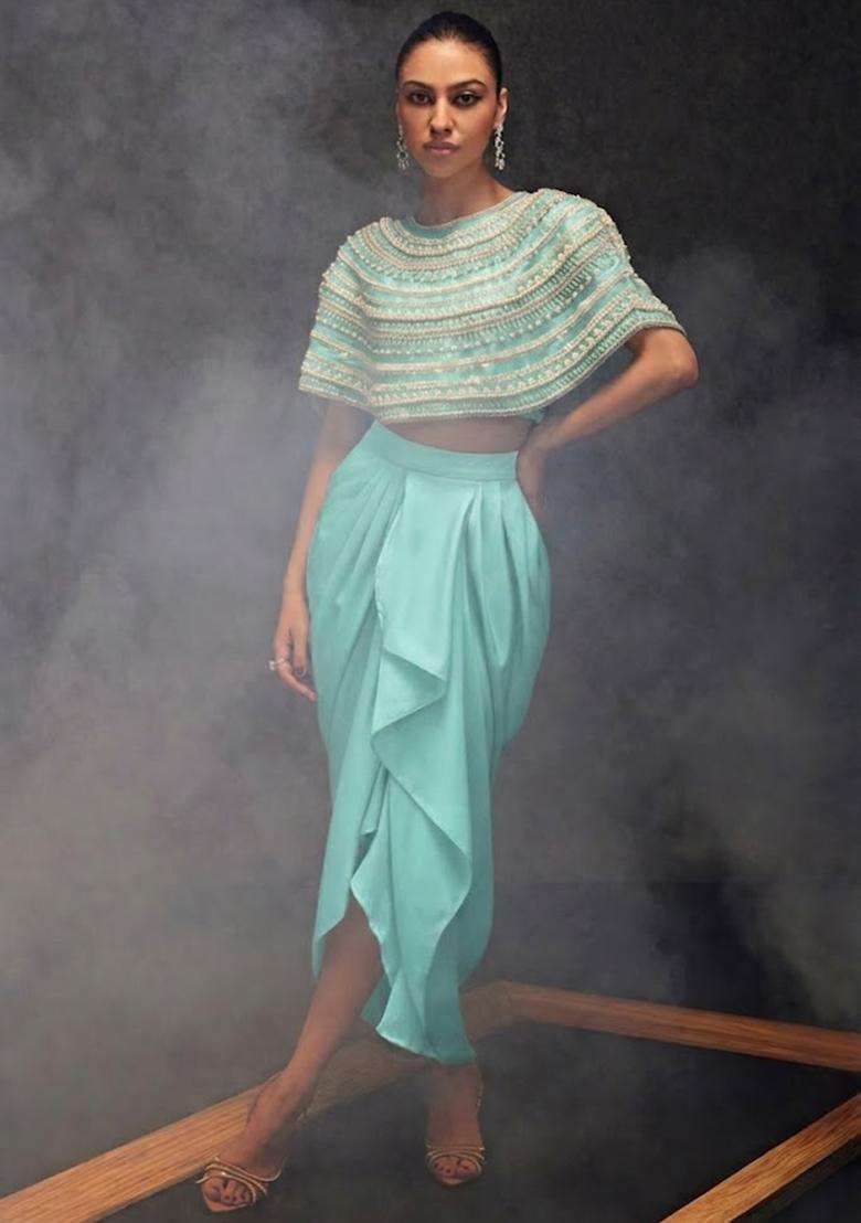 Mint Green Satin Embellished Handwork Fusion Set - Indya