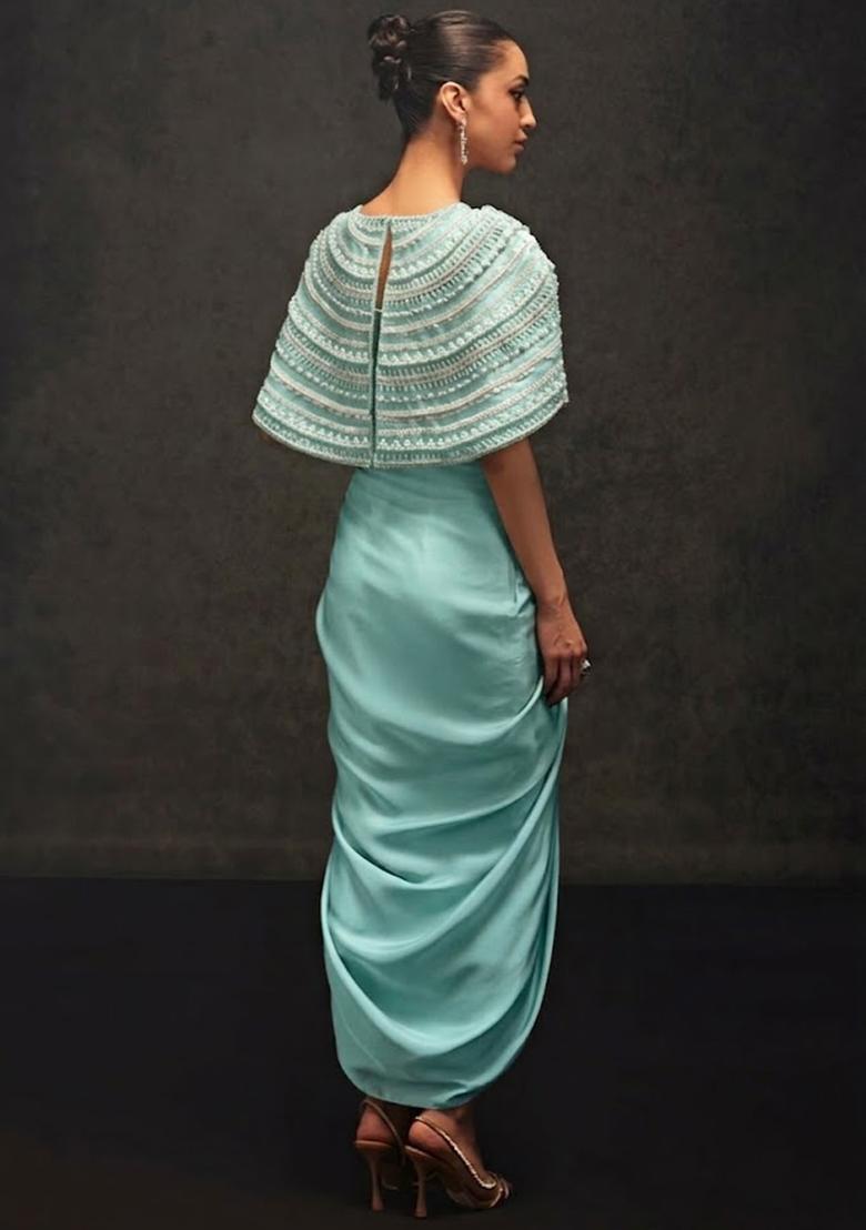 Mint Green Satin Embellished Handwork Fusion Set - Indya