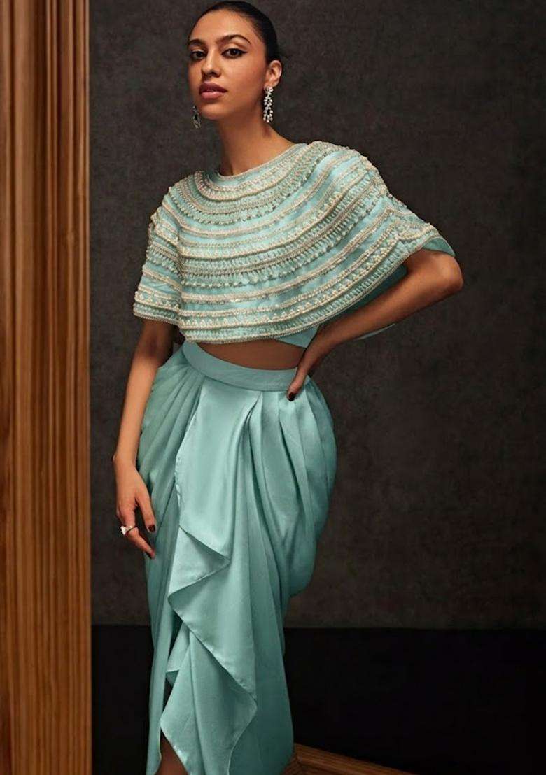 Mint Green Satin Embellished Handwork Fusion Set - Indya