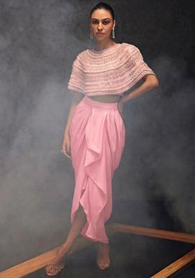Pink Satin Embellished Handwork Fusion Set