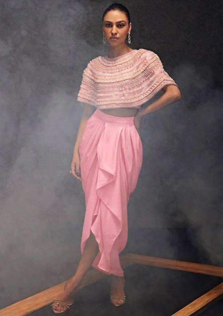Pink Satin Embellished Handwork Fusion Set - Indya