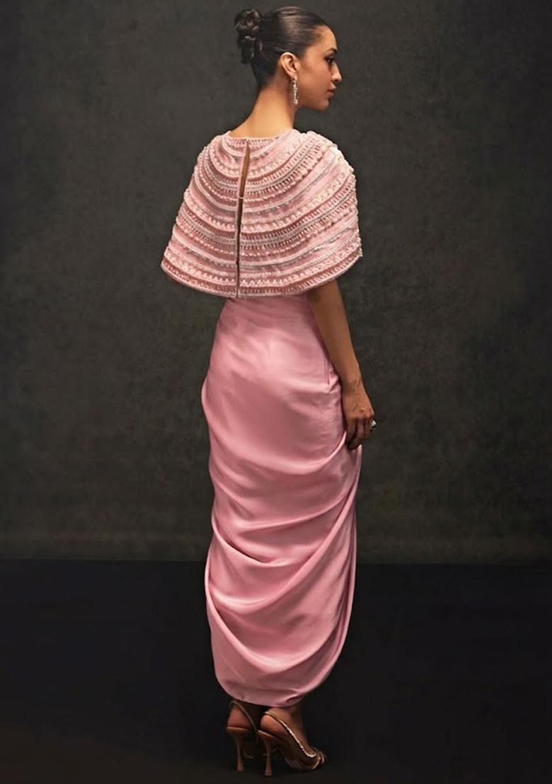 Pink Satin Embellished Handwork Fusion Set - Indya