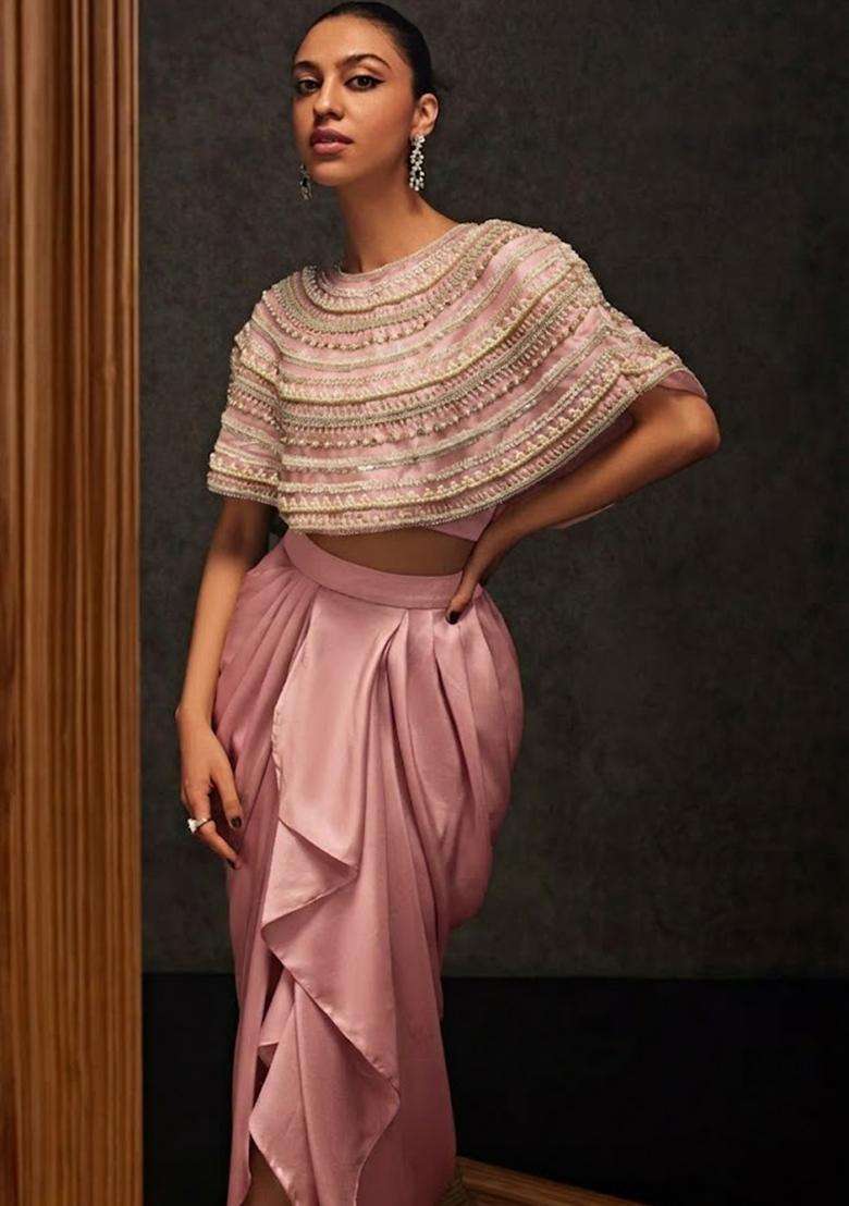Pink Satin Embellished Handwork Fusion Set - Indya