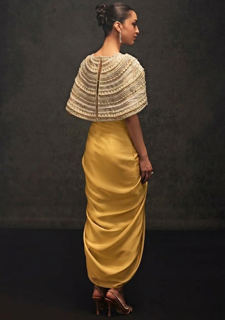 Mustard Satin Embellished Handwork Fusion Set - Indya