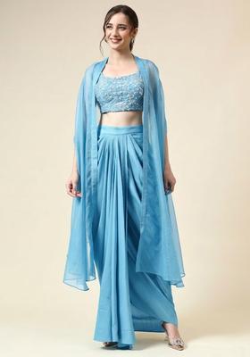 Sky Blue Crepe Embellished Handwork Fusion Set