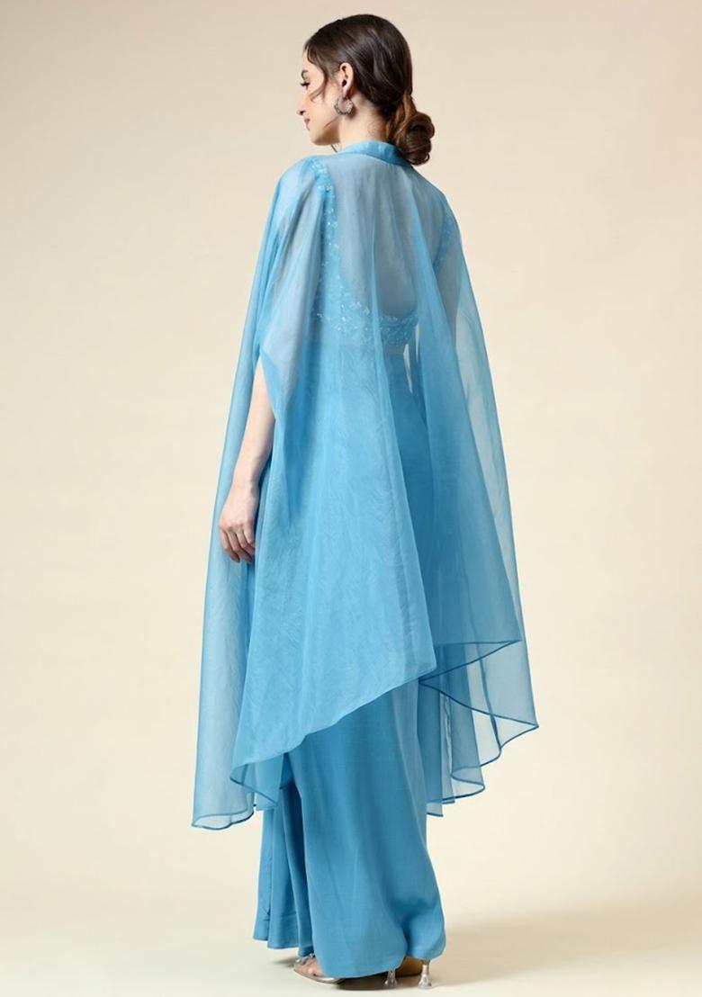 Sky Blue Crepe Embellished Handwork Fusion Set - Indya