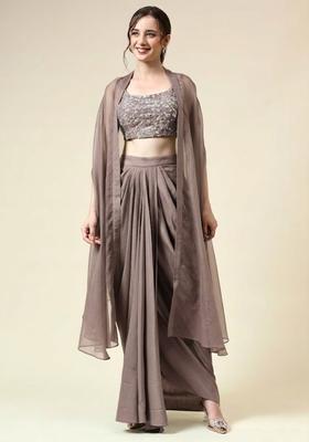 Brown Silk Blend Embellished Handwork Fusion Set