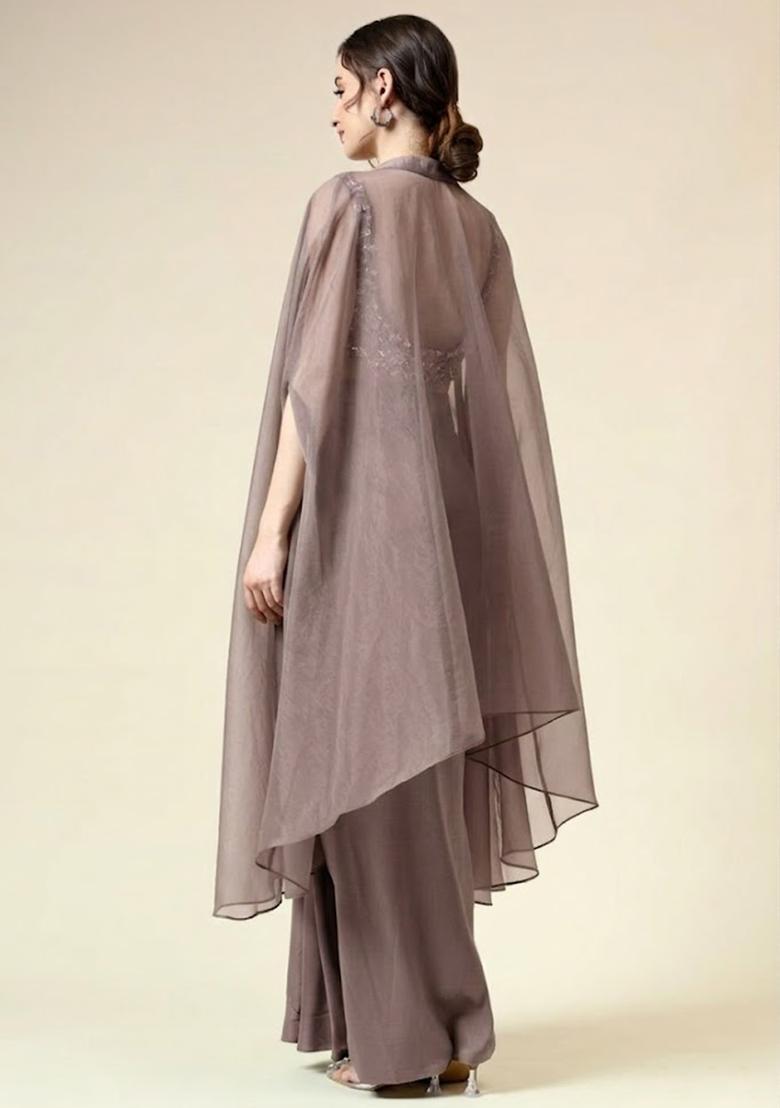 Brown Silk Blend Embellished Handwork Fusion Set - Indya