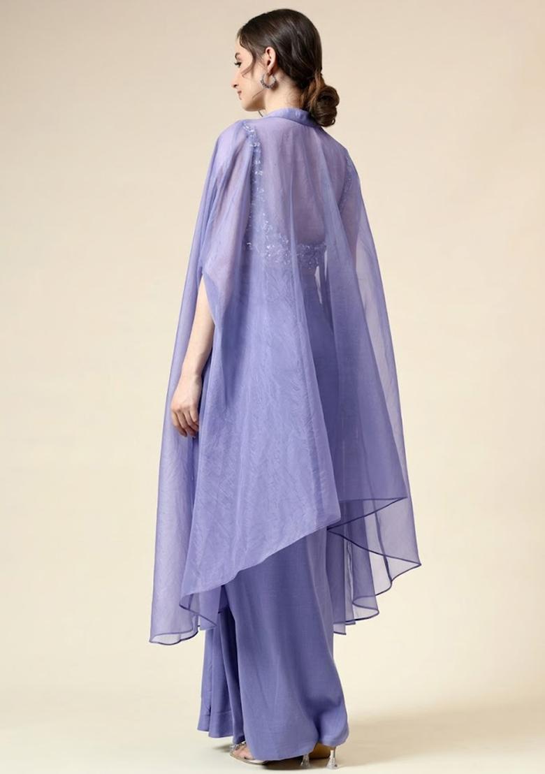 Dusty Lavender Silk Blend Embellished Handwork Fusion Set - Indya