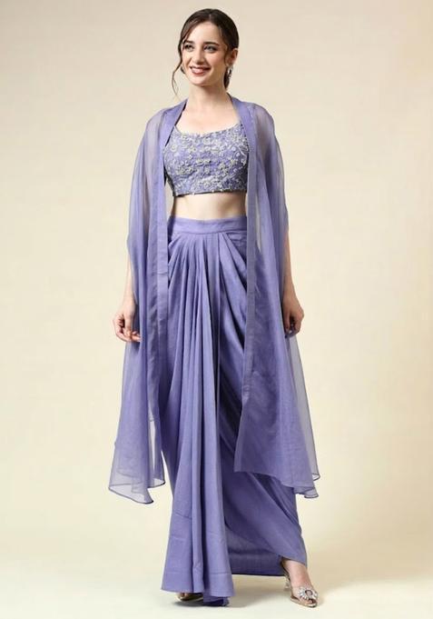 Dusty Lavender Silk Blend Embellished Handwork Fusion Set