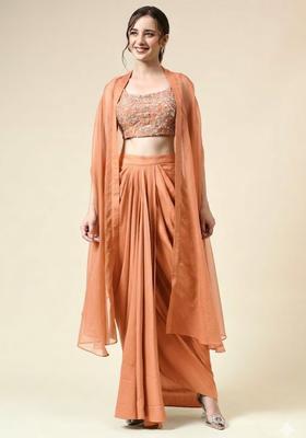 Rust Silk Blend Embellished Handwork Fusion Set