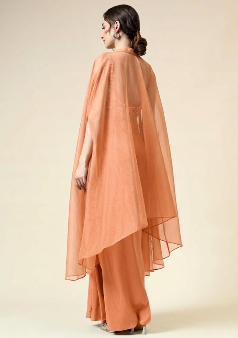 Rust Silk Blend Embellished Handwork Fusion Set - Indya