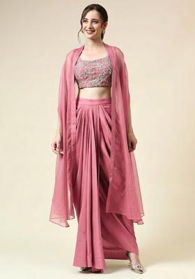 Pink Silk Blend Embellished Handwork Fusion Set