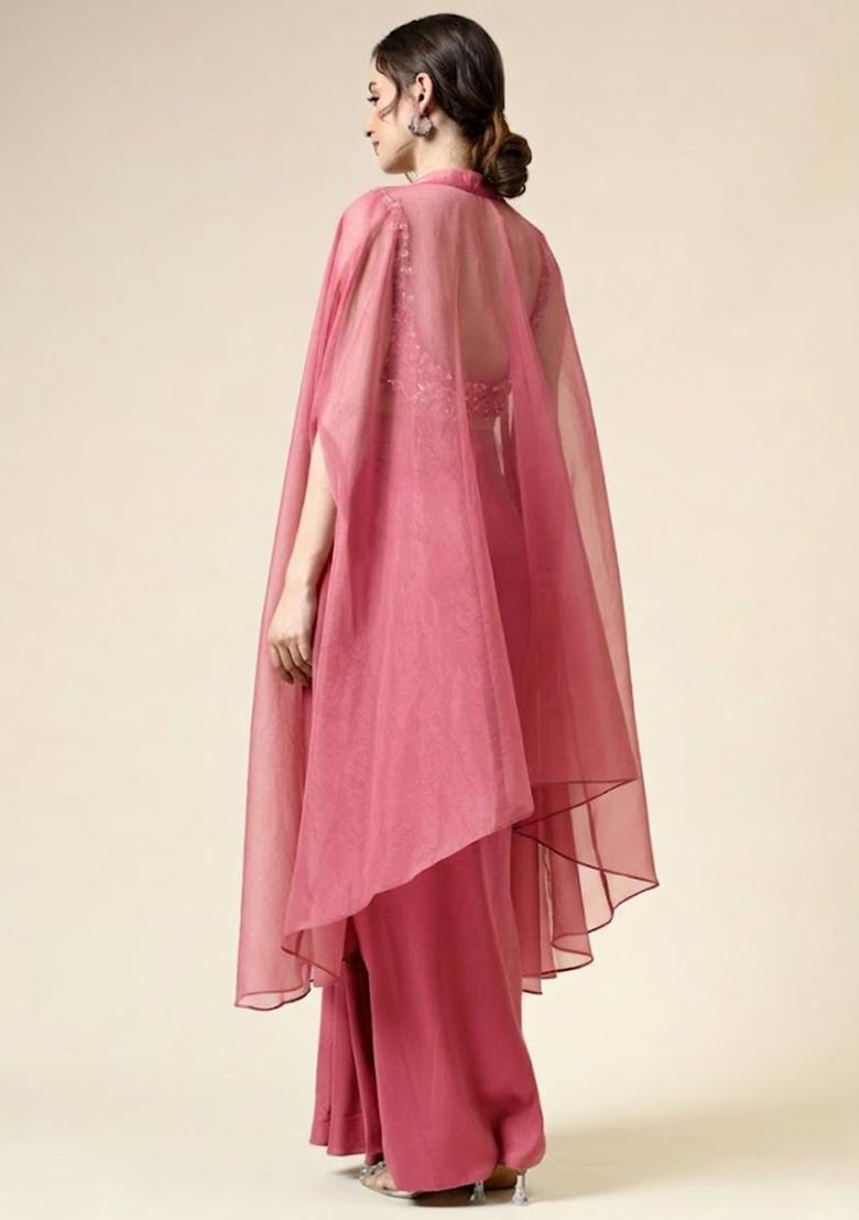 Pink Silk Blend Embellished Handwork Fusion Set - Indya