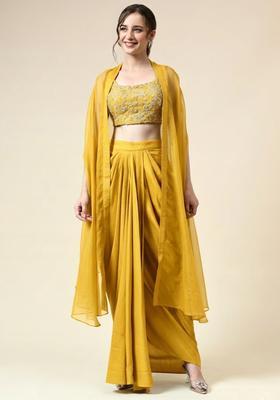 Yellow Silk Blend Embellished Handwork Fusion Set