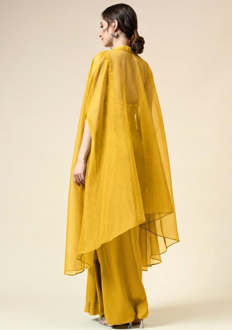 Yellow Silk Blend Embellished Handwork Fusion Set - Indya