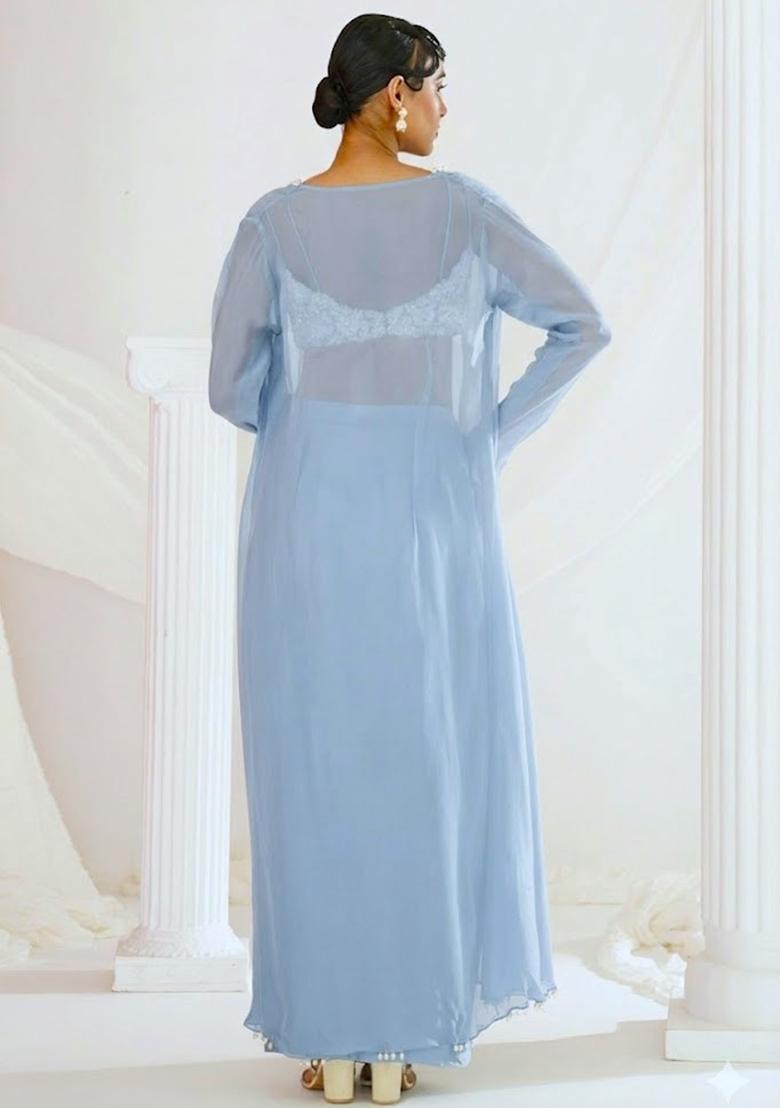 Soft Blue Crepe Embellished Handwork Fusion Set - Indya