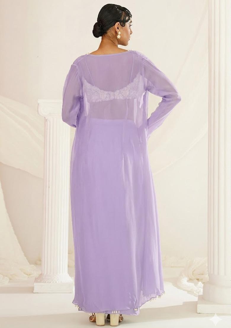 Lavender Crepe Embellished Handwork Fusion Set - Indya
