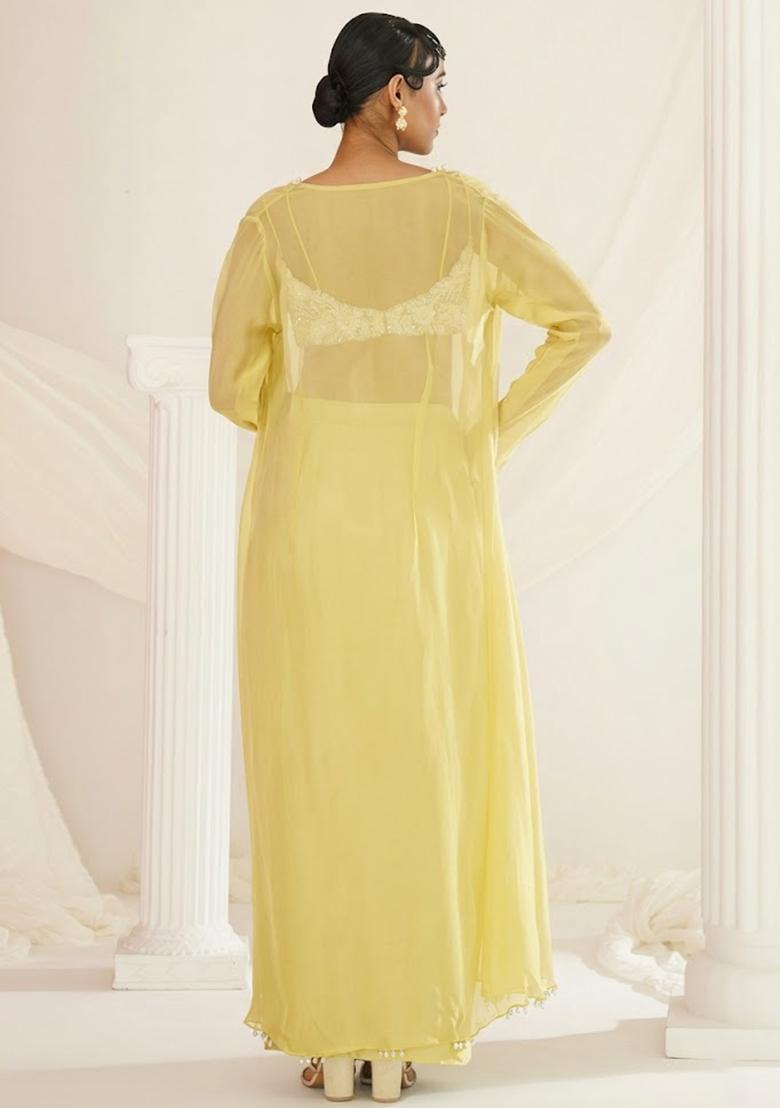 Pastel Yellow Crepe Embellished Handwork Fusion Set - Indya