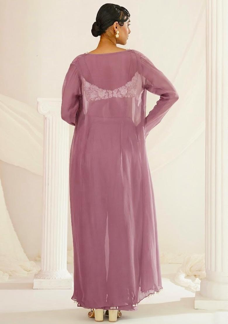 Mauve Crepe Embellished Handwork Fusion Set - Indya