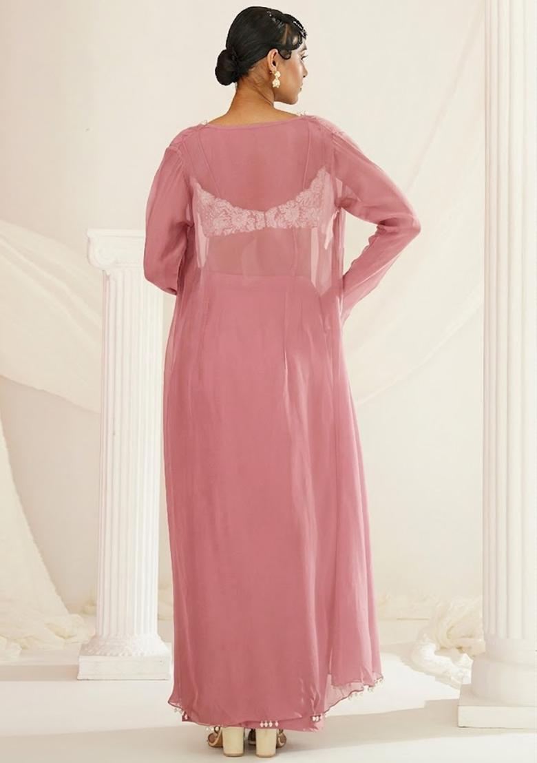 Pink Crepe Embellished Handwork Fusion Set - Indya
