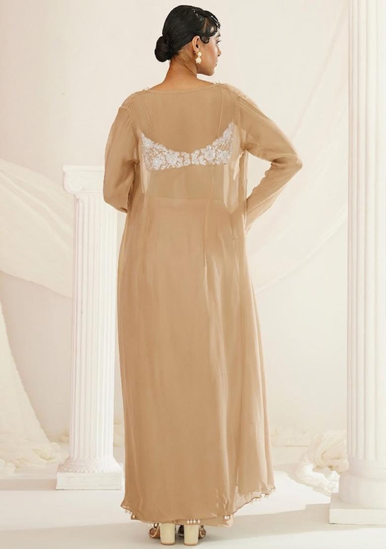 Beige Crepe Embellished Handwork Fusion Set - Indya