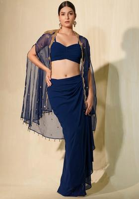 Navy Blue Crepe Sequin Handwork Fusion Set