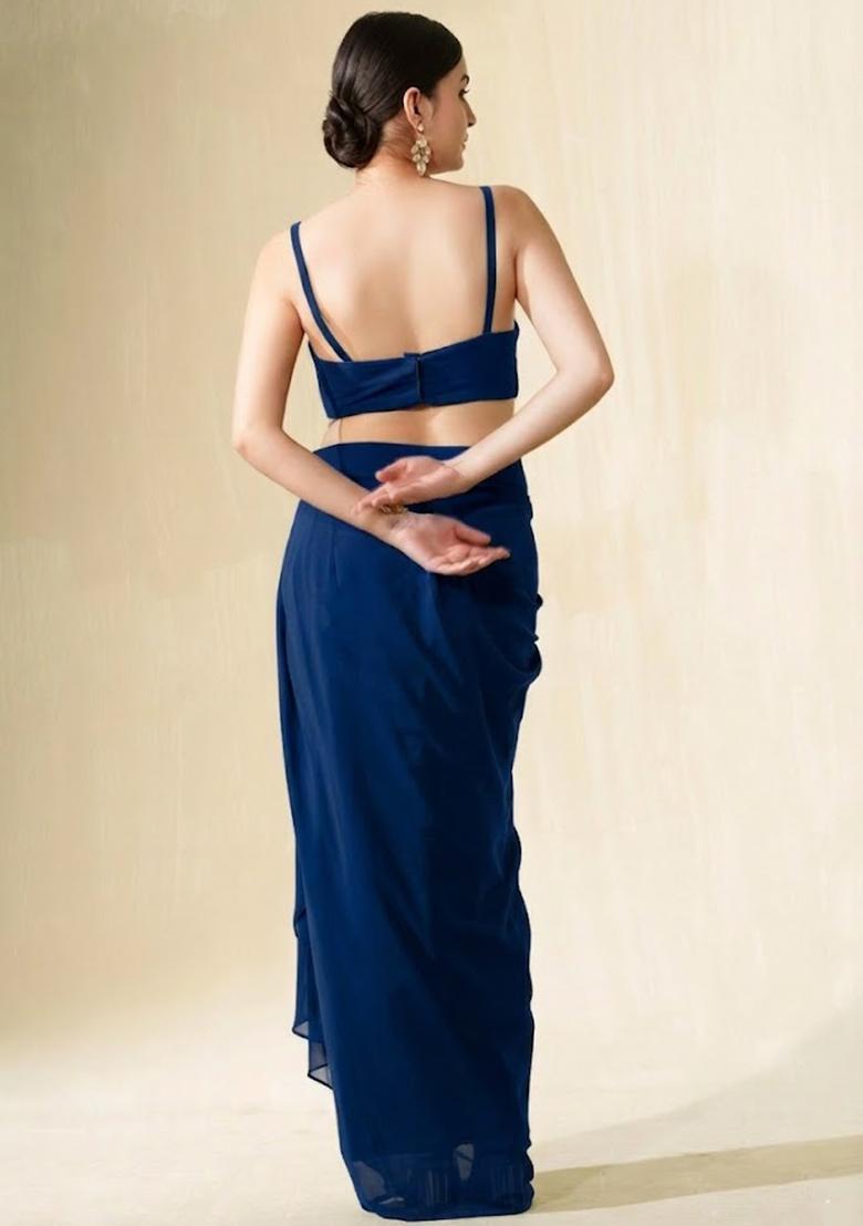 Navy Blue Crepe Sequin Handwork Fusion Set - Indya