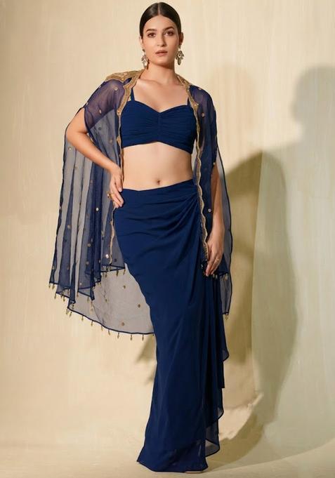 Navy Blue Crepe Sequin Handwork Fusion Set