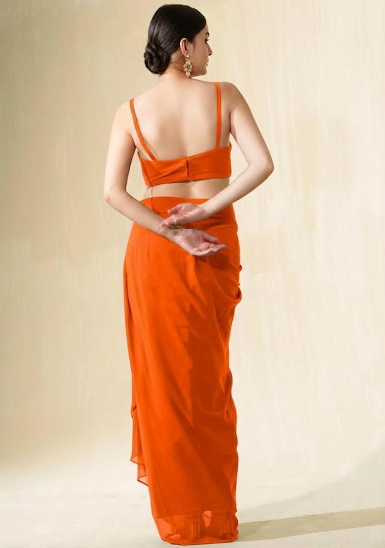 Orange Crepe Sequin Handwork Fusion Set - Indya