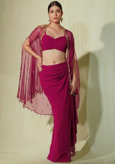Magenta Crepe Sequin Handwork Fusion Set