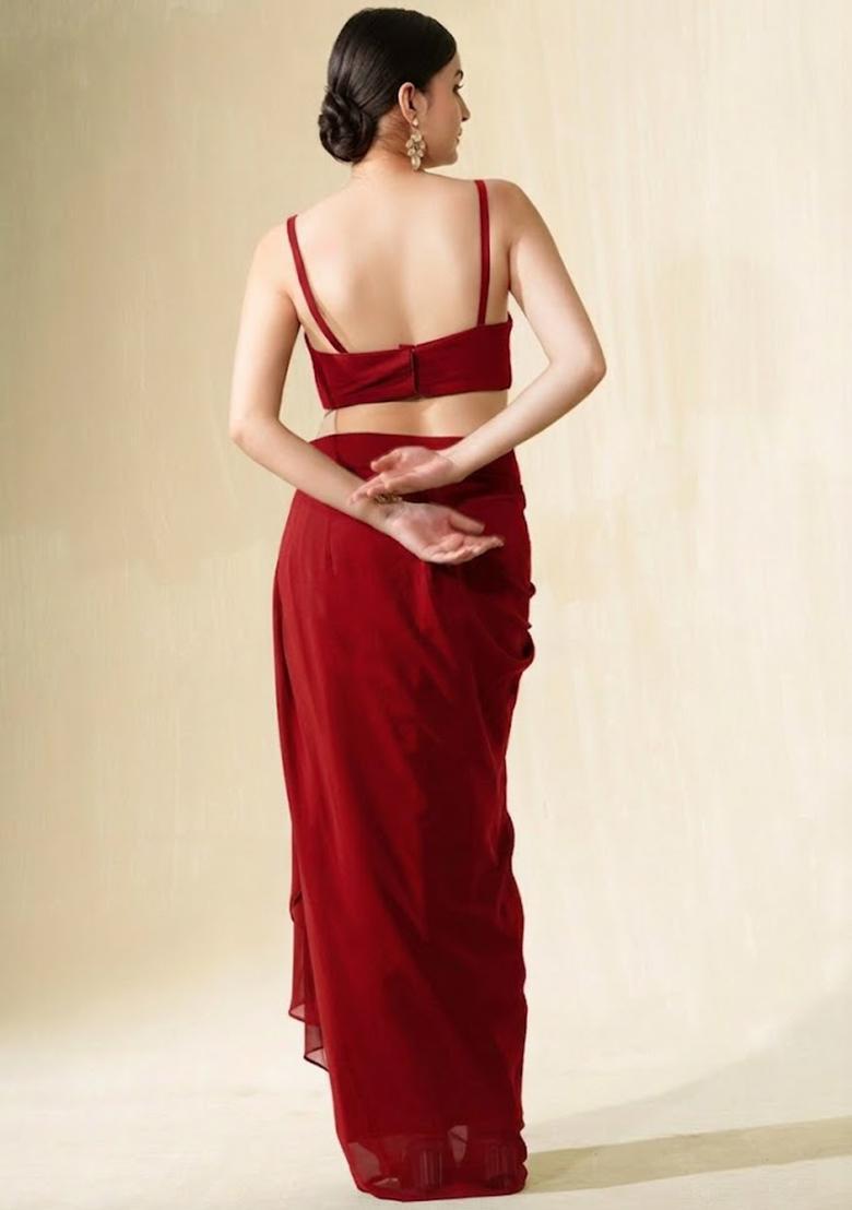 Red Crepe Sequin Handwork Fusion Set - Indya