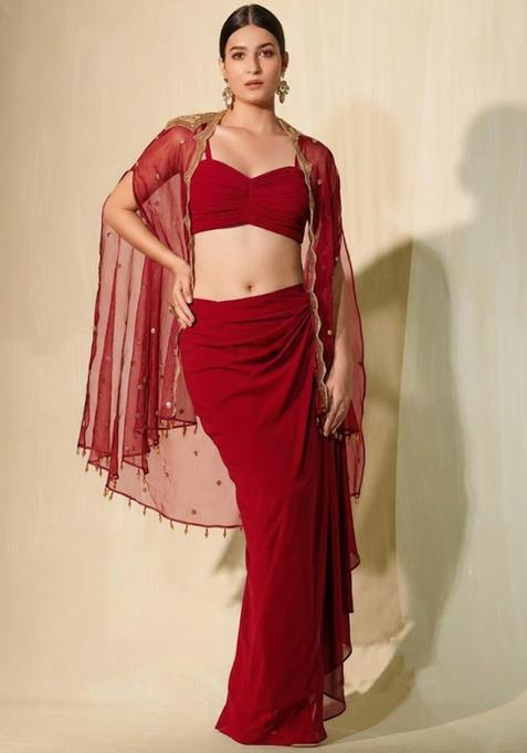Red Crepe Sequin Handwork Fusion Set