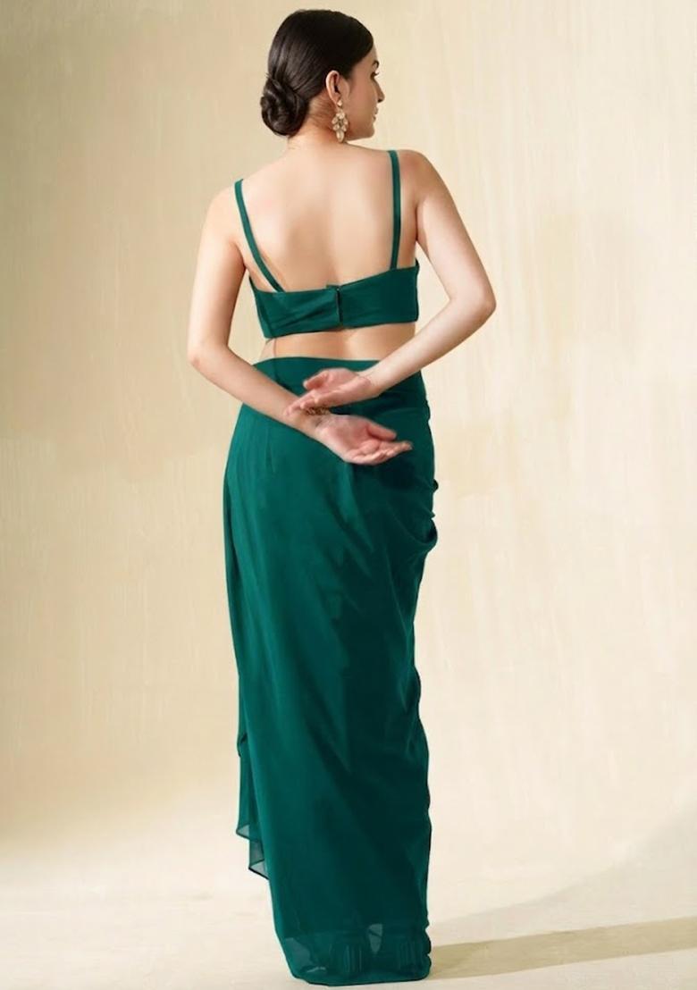 Teal Green Crepe Sequin Handwork Fusion Set - Indya