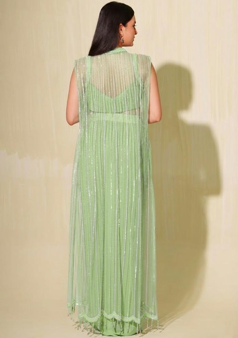 Mint Green Crepe Embellished Handwork Fusion Set - Indya